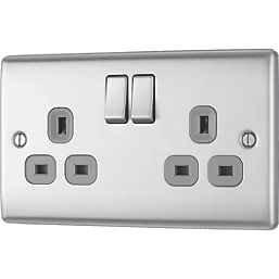 BG 13A DP 2 Gang Switched Socket Grey Insert Brushed Steel