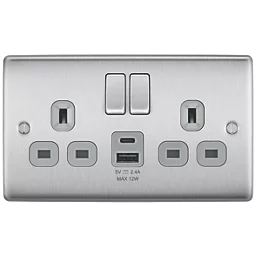 BG 13A 2-Gang SP Switched Socket + 2.4A 12W 2-Outlet Type A & C USB Charger Brushed Steel with Grey Inserts